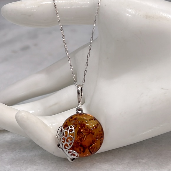 Baltic Amber Sterling Silver Pendant with Butterfly Detail Necklace - Picture 4 of 12